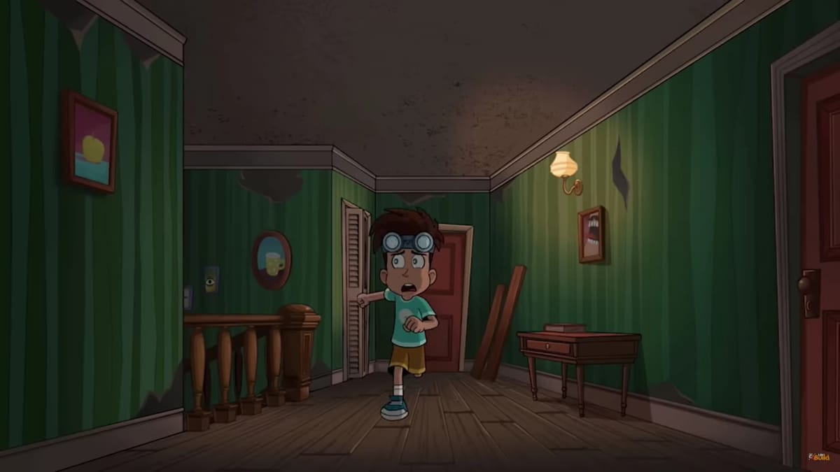 Screenshot from the Hello Neighbor Animated Series, where we see the main character running from someone  