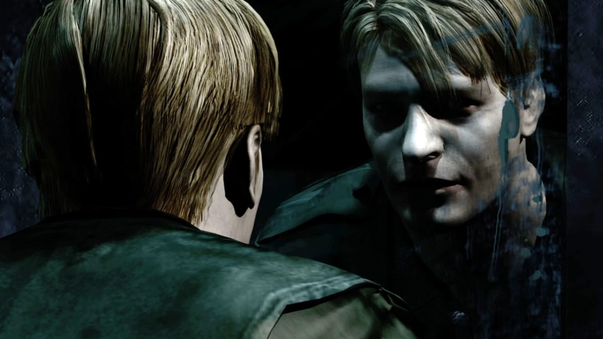 A close up of James Sunderland looking into the mirror in Silent Hill 2