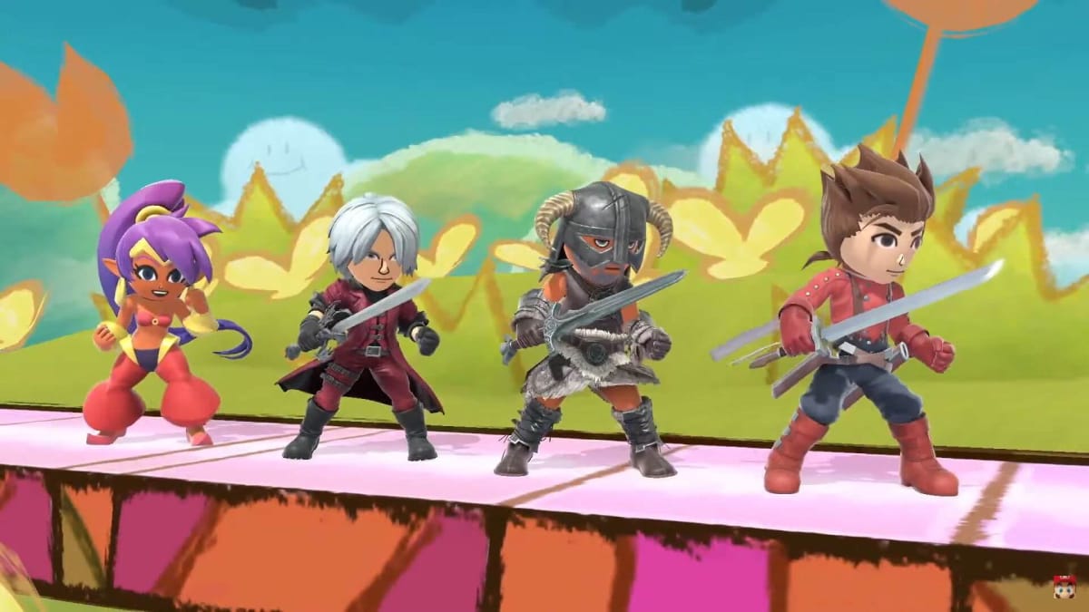 The four new Mii costumes in Super Smash Bros Ultimate displayed side by side
