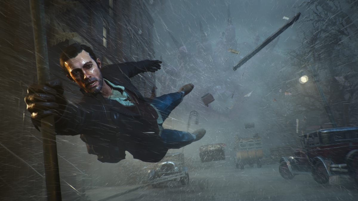 Charles Reed clinging to a post in The Sinking City