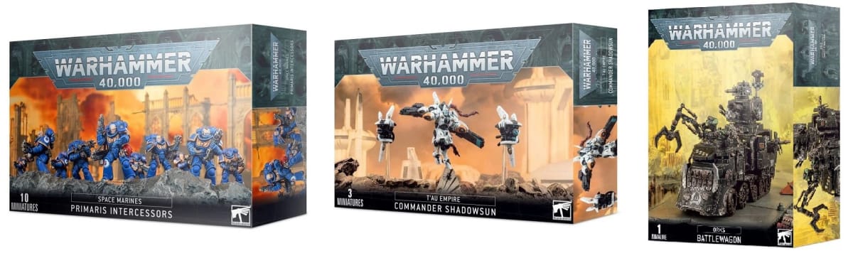 A selection of different Warhammer 40K miniatures boxes.