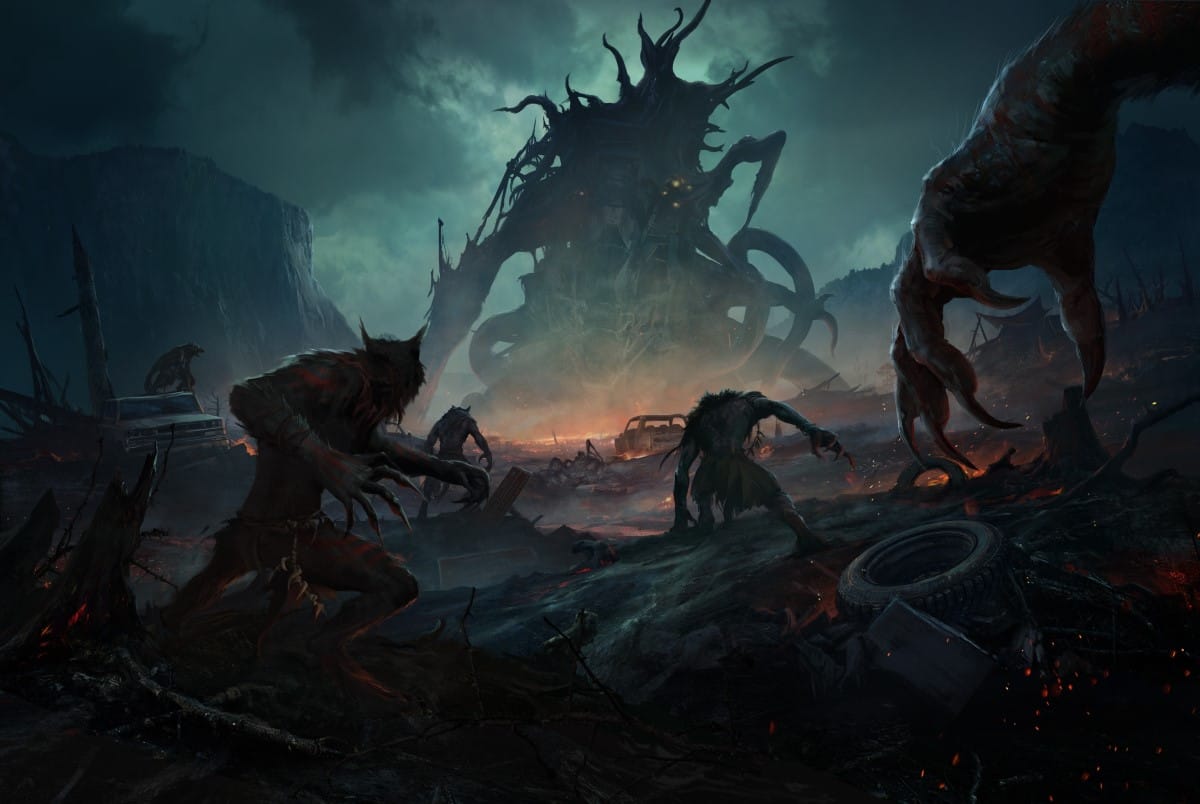 A pack of werewolves about to fight a giant tentacled monster