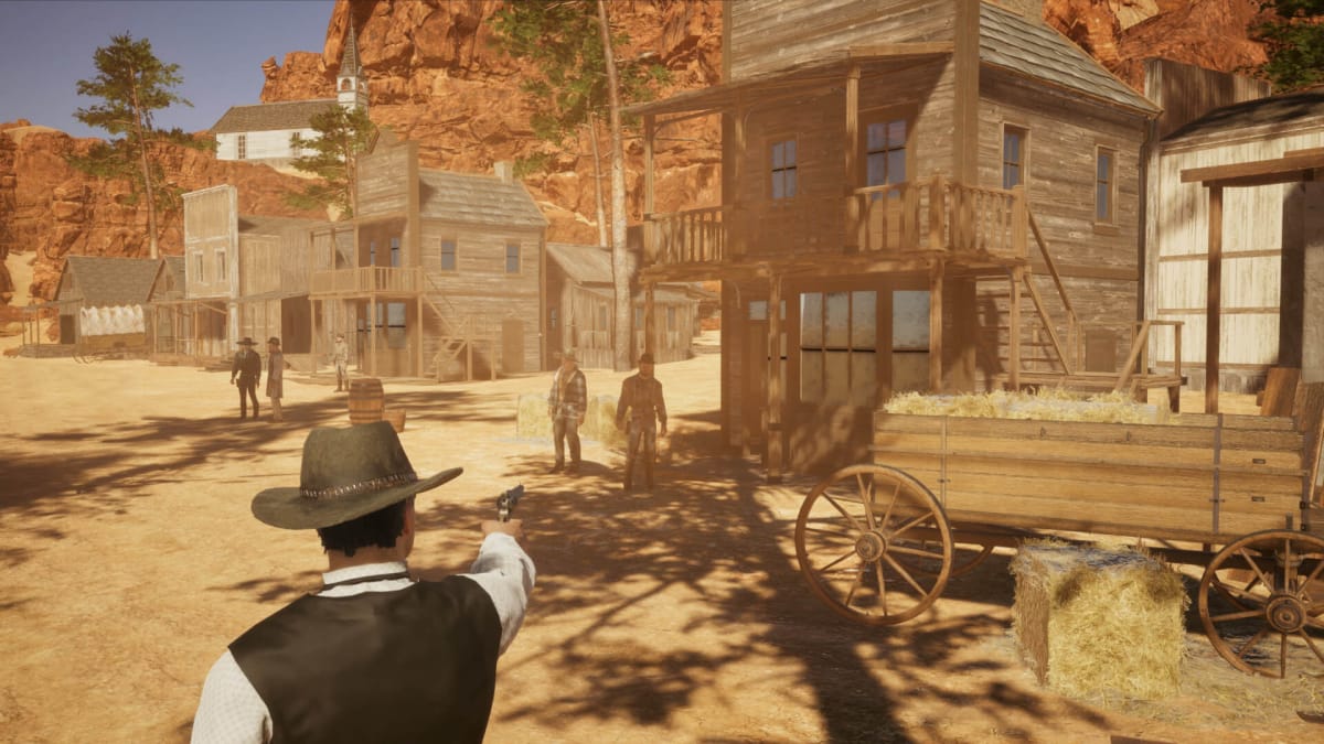 The player aiming a gun at a couple of NPCs in Wild West Dynasty