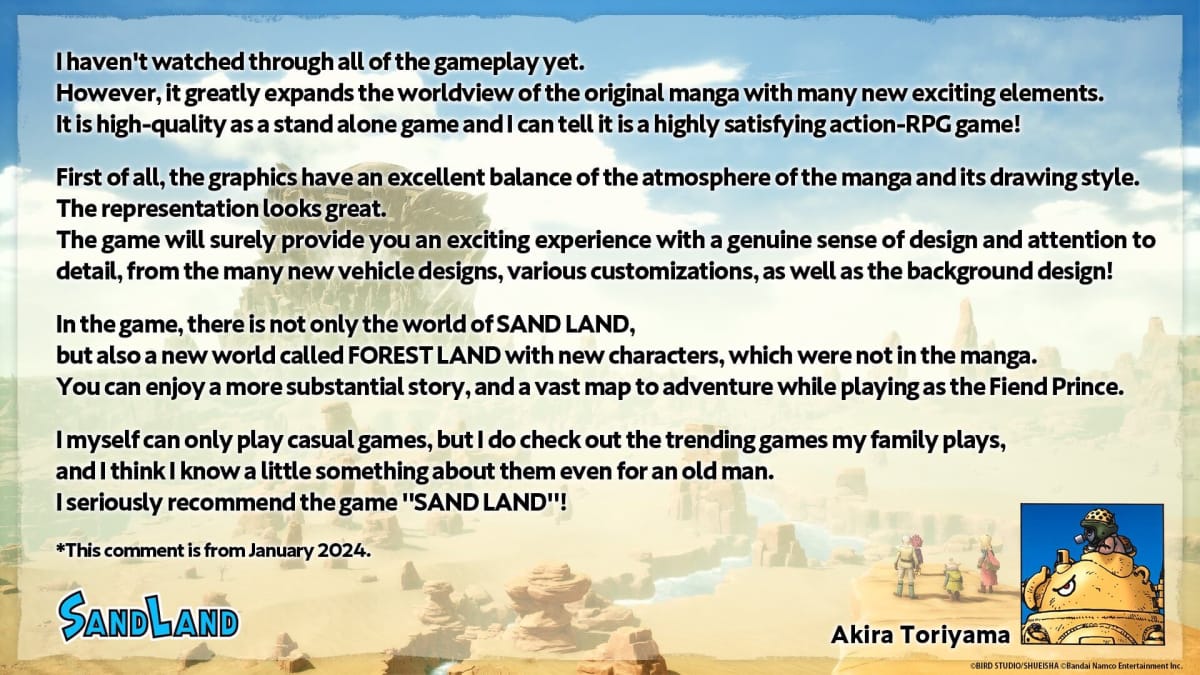 Akira Toriyama's full statement about the game Sand Land, which is based on his manga