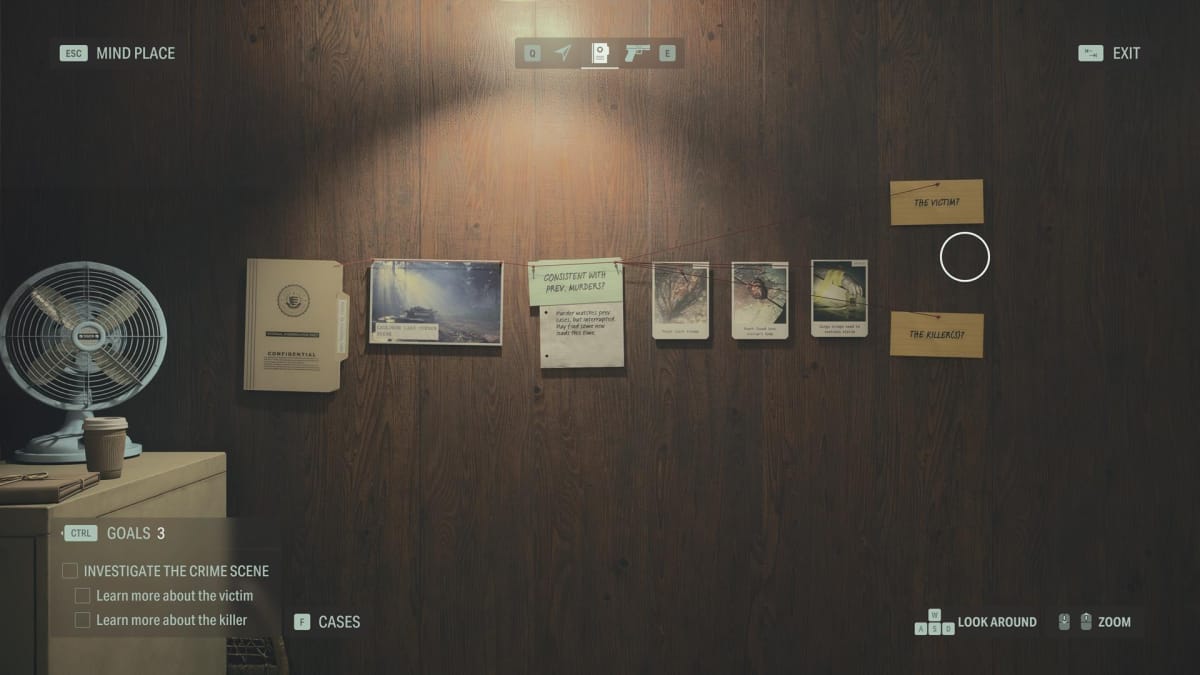 An investigation board is shown in Alan Wake II, where numerous clues have already been placed.