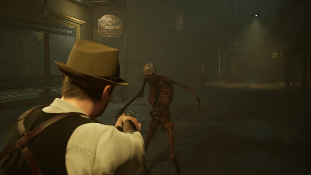 Edward Carnby aiming his gun at a skeleton in Alone in the Dark