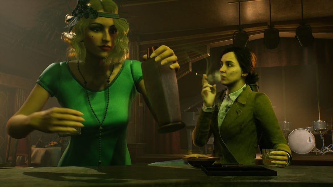 Emily Hartford sitting at a bar smoking a cigarette, a woman in a green dress sits next to her holding a cocktail shaker