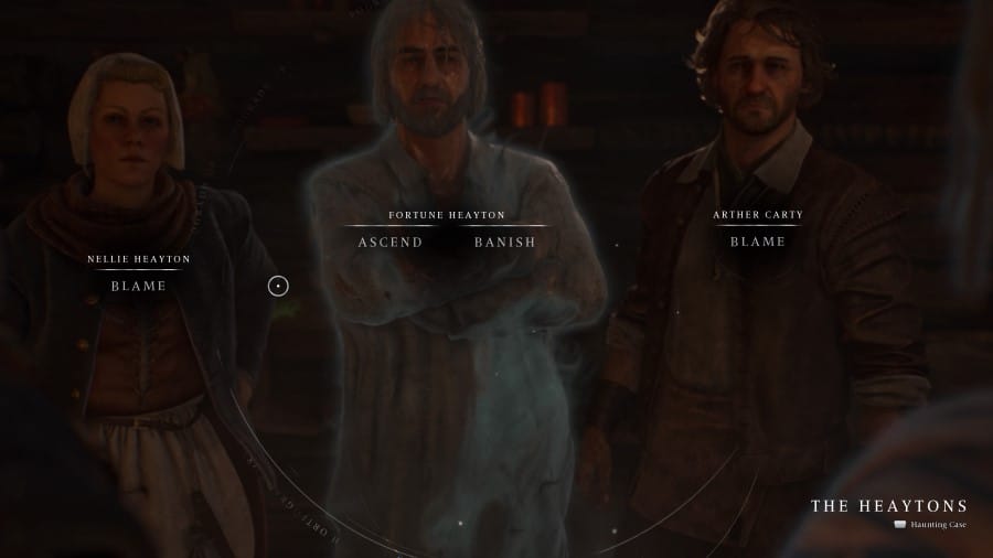 A screenshot of two settlers and a ghost, the options Ascend, Banish, and Blame are overlayed on each of them.