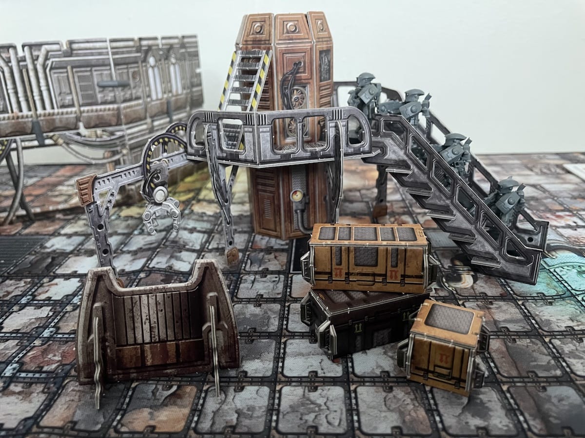 An image from our Battle Systems Gothic Cityscape review featuring Tau on steps