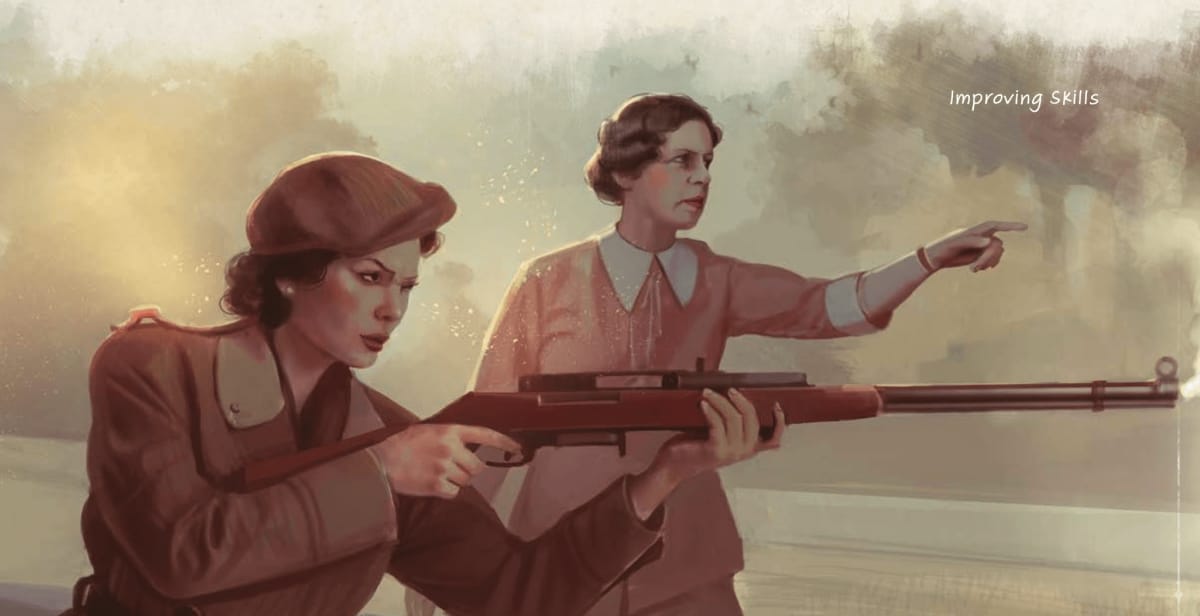 An image from our Call of Cthulhu: Arkham review depicting a painting of one woman teaching another how to use a rifle