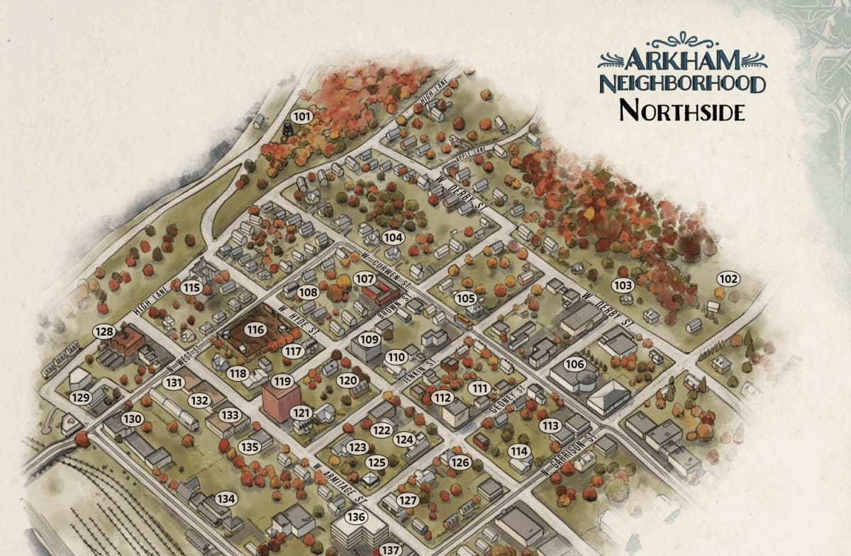 An image from our Call of Cthulhu: Arkham review depicting a map of one of the neighborhoods of Arkham