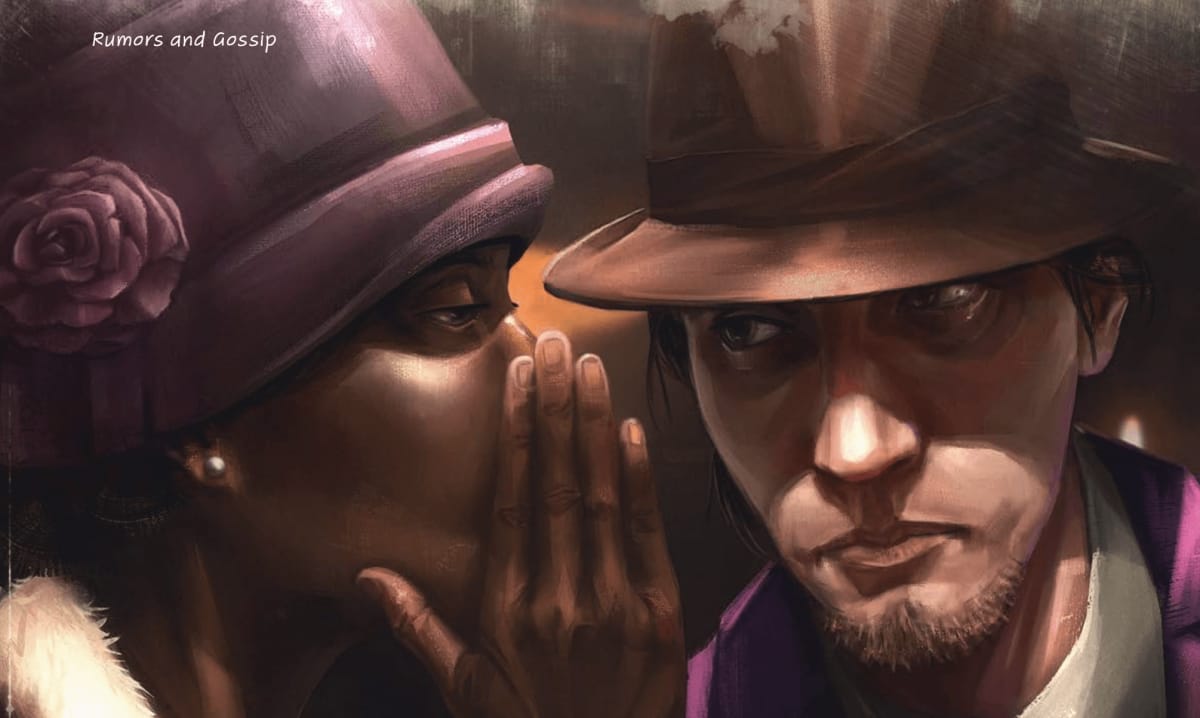 An image from our Call of Cthulhu: Arkham review depicting one woman whispering into the ear of another man