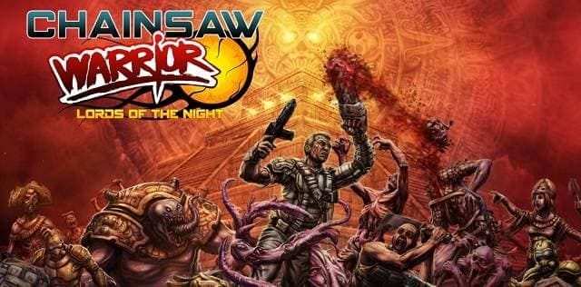 chainsaw-warrior-lords-of-the-night header image with main character slashing the undead foes with a chainsaw as blood splatters all over the screen 