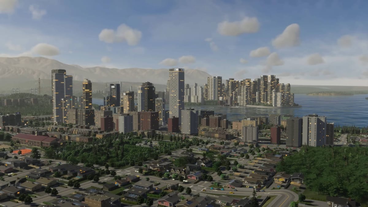 A distant view of a city in Cities: Skylines 2
