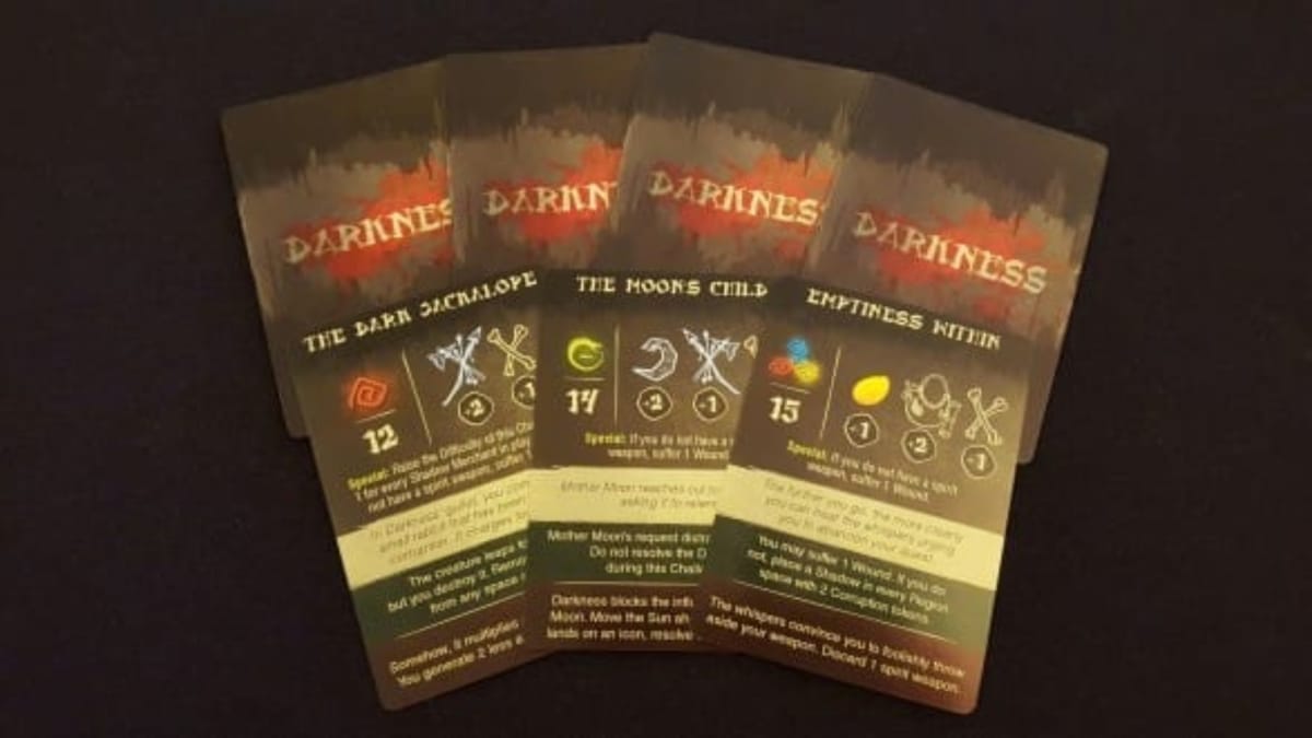 Darkness Comes Rattling photo of several cards depicting things that can happen to the players