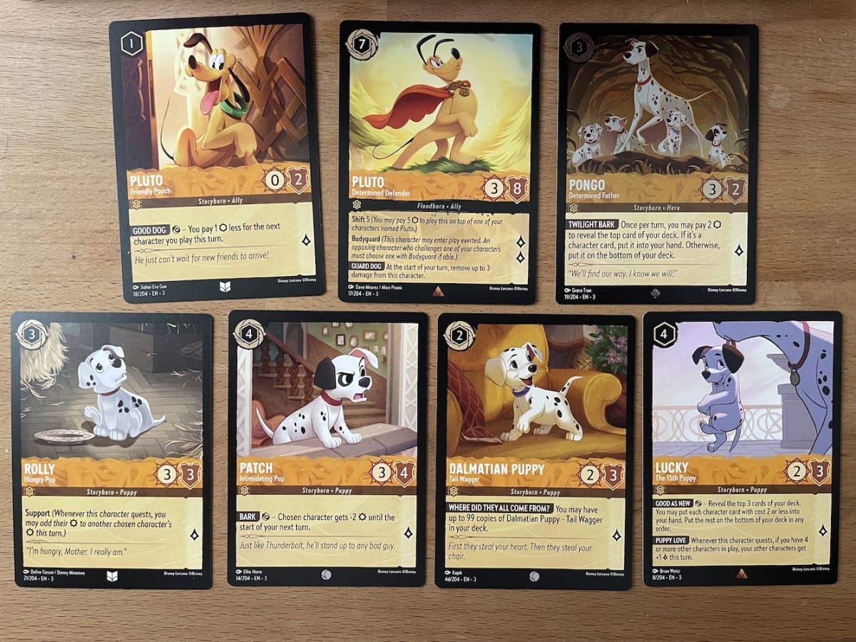 An image from our Disney Lorcana into the inklands review showcasing Amber dogs