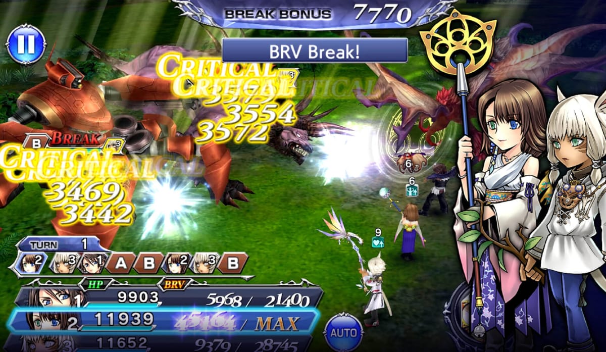 A turn-based battle between several party members and monsters in Dissidia Final Fantasy Opera Omnia