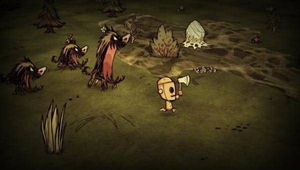 A screenshot of gameplay from Don't Starve, showing someone running away from a horde of evil-looking pigs.