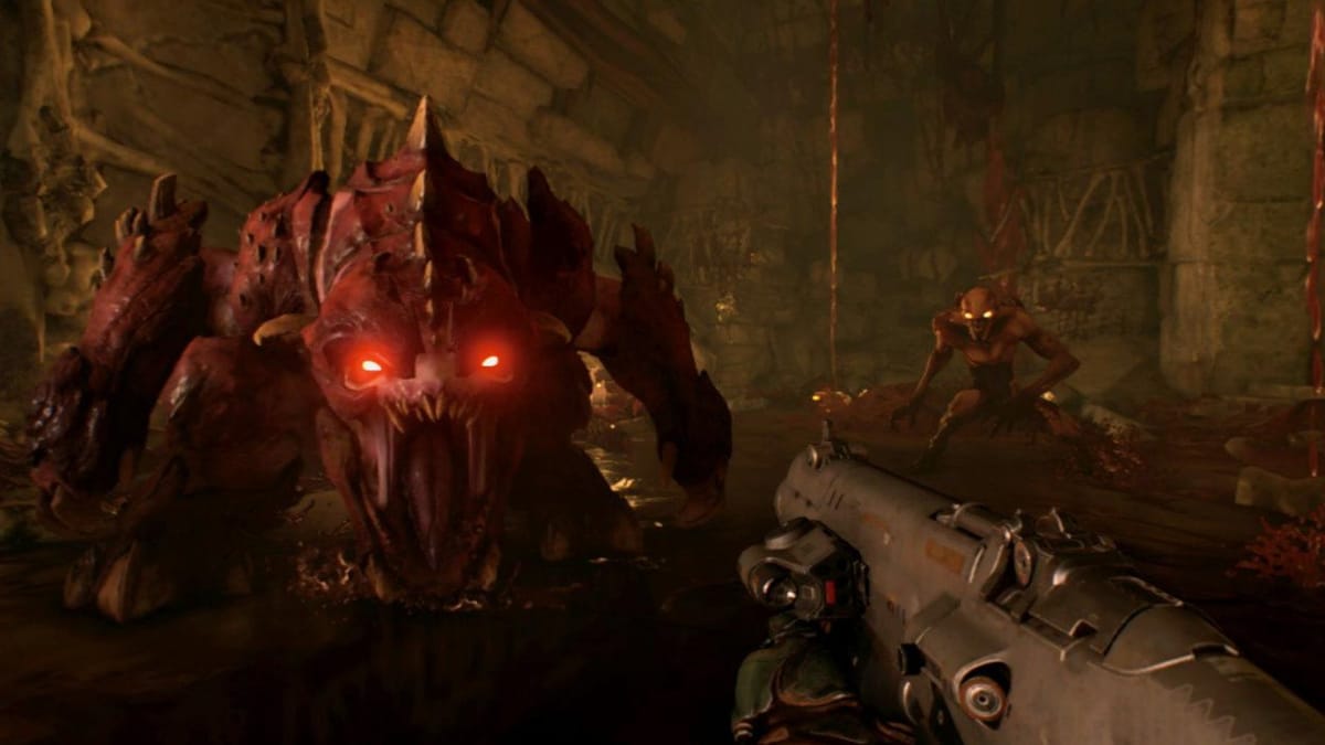 The Doomslayer can be seen attacking a demon with a shotgun