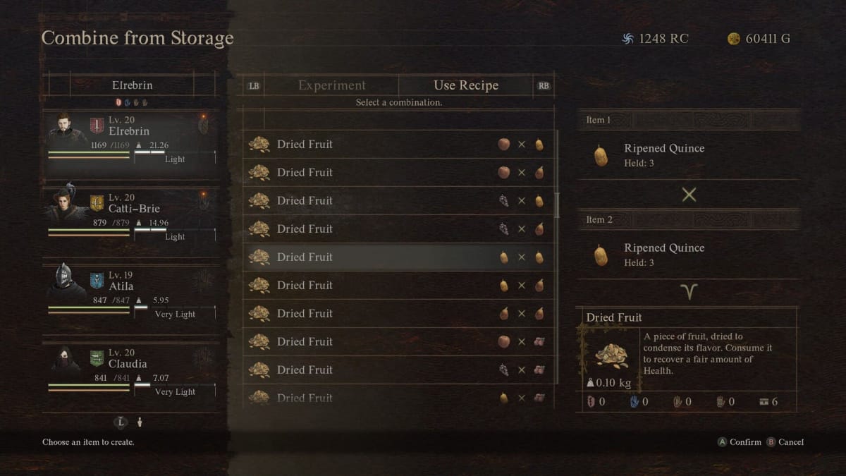 Image of the Dragon's Dogma 2 Combination Recipes Menu - With Dried Fruit Selected