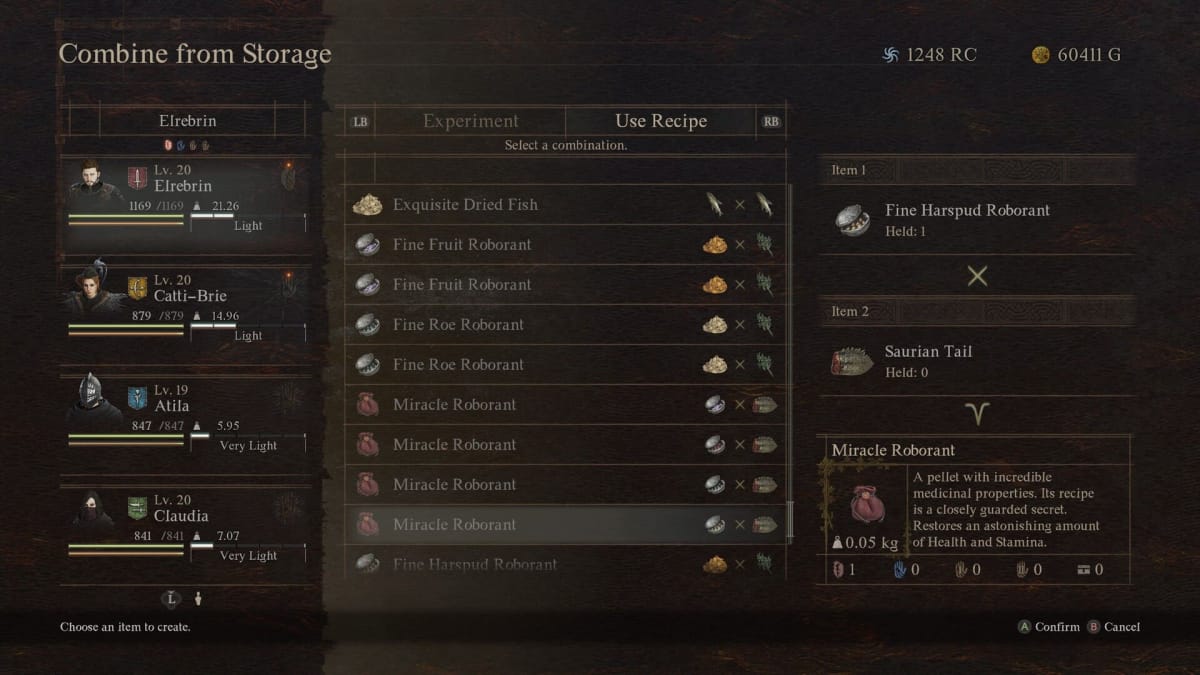 Image in Dragon's Dogma 2 of the Combination Menu with Recipes Open, Highlighting Roborants