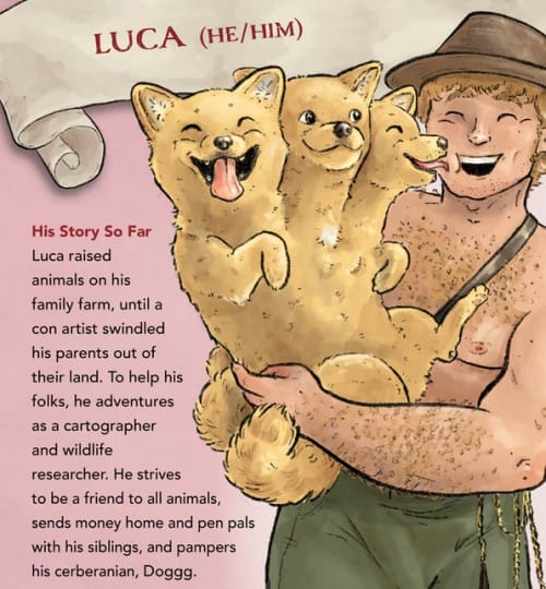 Artwork of Luca from Dungeons & Datemates, he is holding a cerberus puppy
