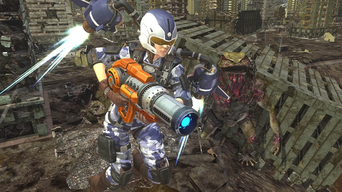 A soldier flying on a jetpack with a giant frog monster in the background in Earth Defense Force 6