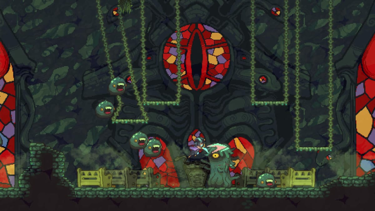 The main character battling enemies in a creepy-looking cathedral in Earthblade