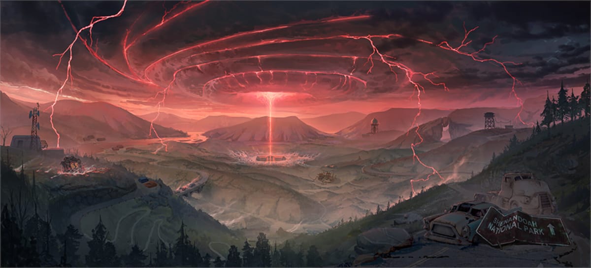 Concept art depicting a red swirling storm over Shenandoah in Fallout 76