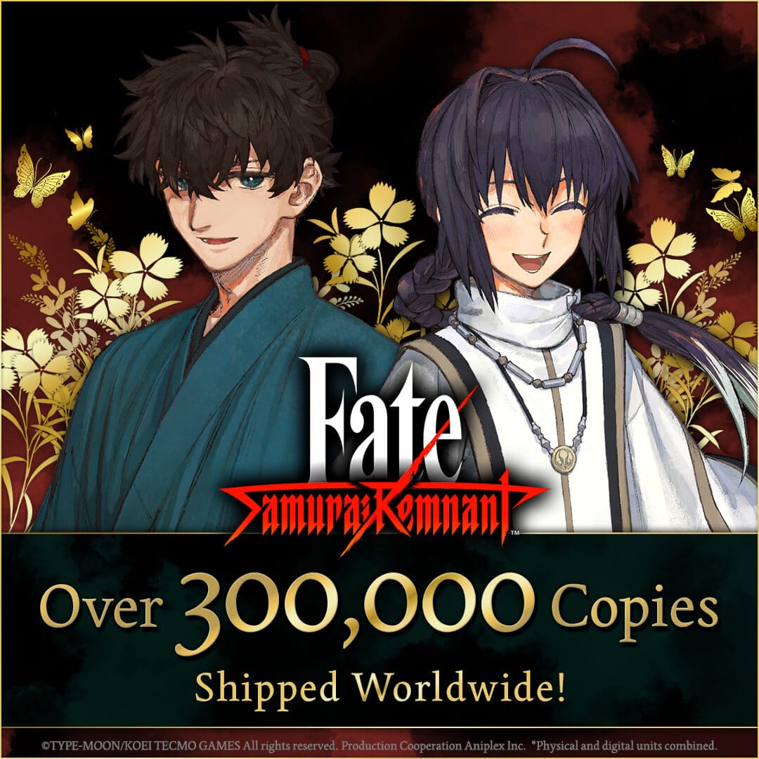 Miyamoto Iori and Saber looking happy in official artwork for Fate/Samurai Remnant shipping 300,000 copies worldwide