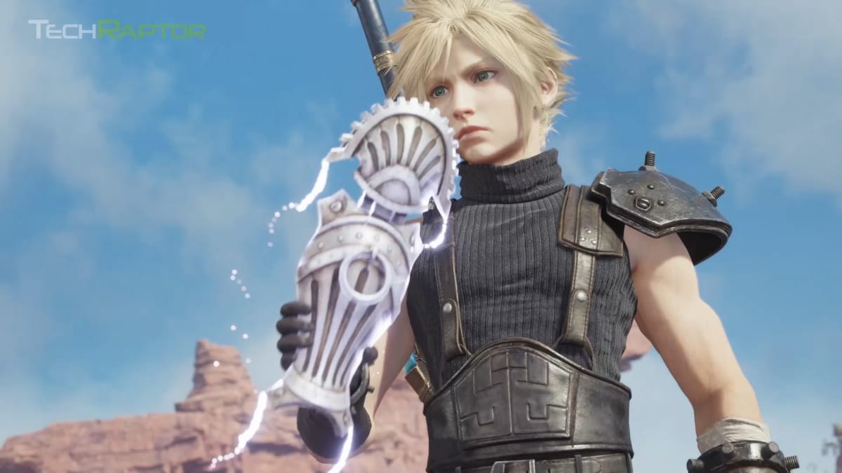 Cloud holding a Protorelic, one of the items to reach Gilgamesh in Final Fantasy VII Rebirth