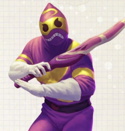 Artwork of a Craterite, a purple and yellow humanoid creature with a sword from Finster's Monster-Matic Cookbook