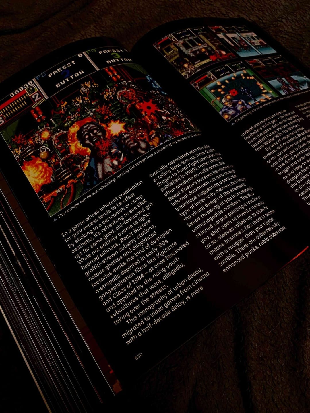 A picture of one of From Ants to Zombies pages, showcasing screenshots of the 1989 on-rails shooter Beast Busters, with white text on a black background.