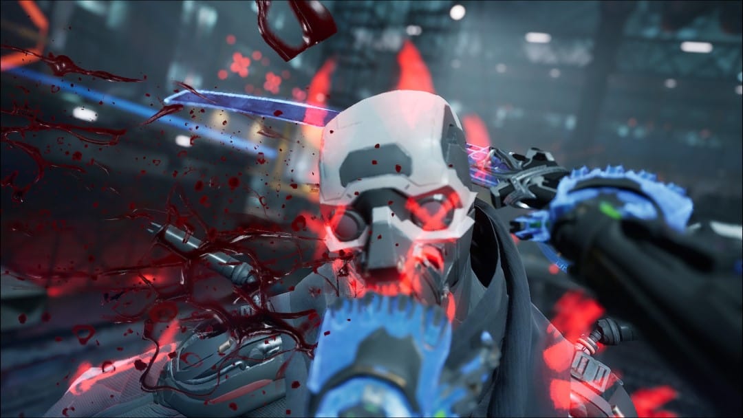 A close up of Jack putting a sword through the head of a skull-faced cyborg ninja with glowing eyes from Ghostrunner 2