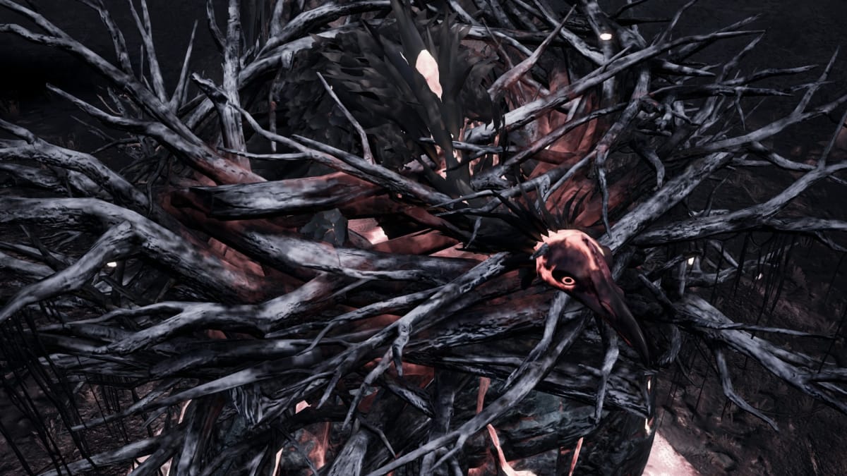 Gord screenshot showing a giant black bird sitting in a nest with glowing orange eyes and lines across its body