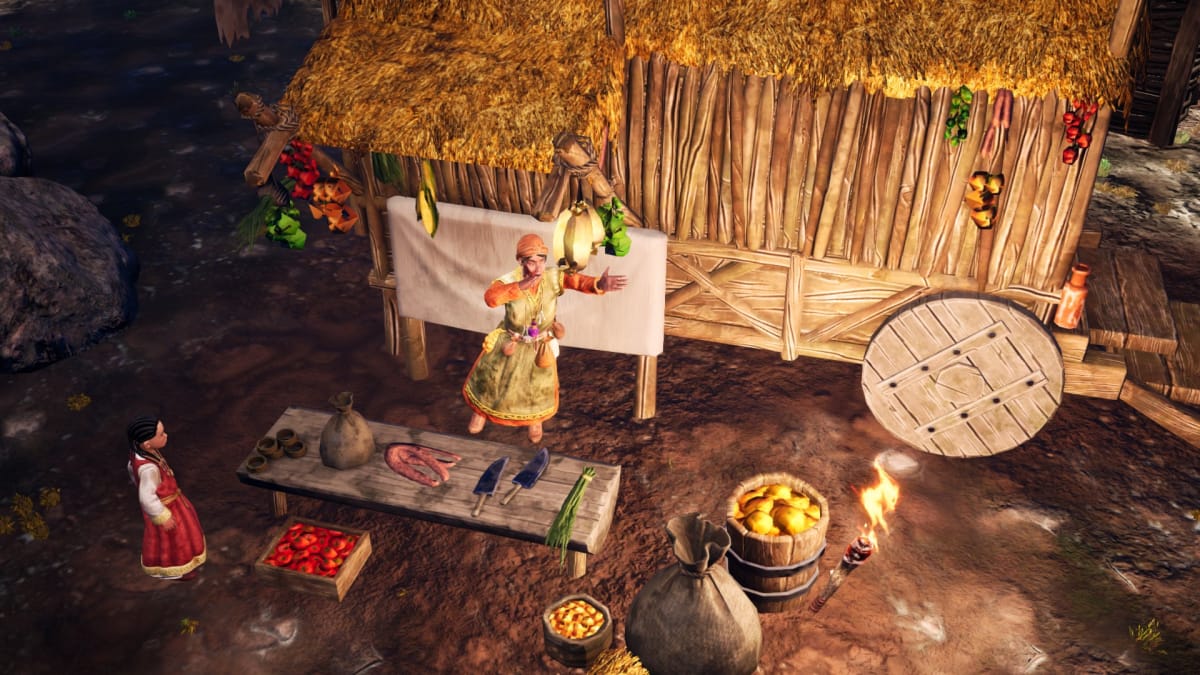 Gord screenshot showing a trader calling out from her cart to sell her wares