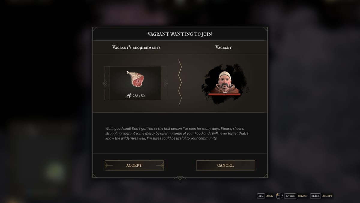 Gord screenshot showing a vagrant menu with his food requirements to join the settlement 