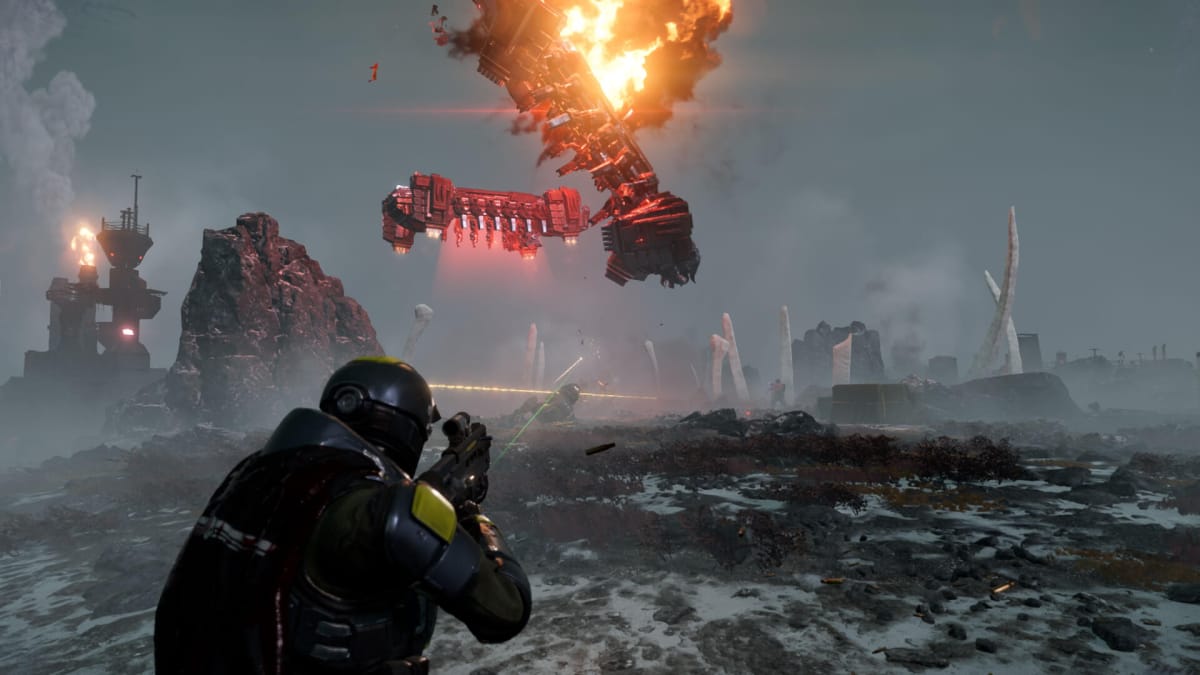 A player watching a dropship explode in Helldivers 2