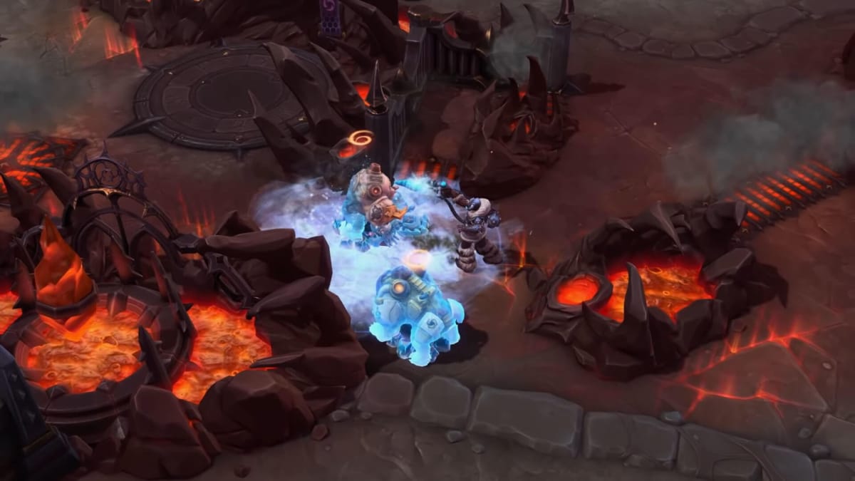 A player doing battle with enemies in a lava-strewn environment in Heroes of the Storm