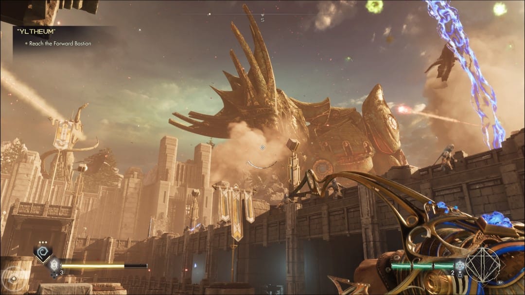 A screenshot from Immortals of Aveum showing a giant humanoid golem smashing the wall of an elaborate city
