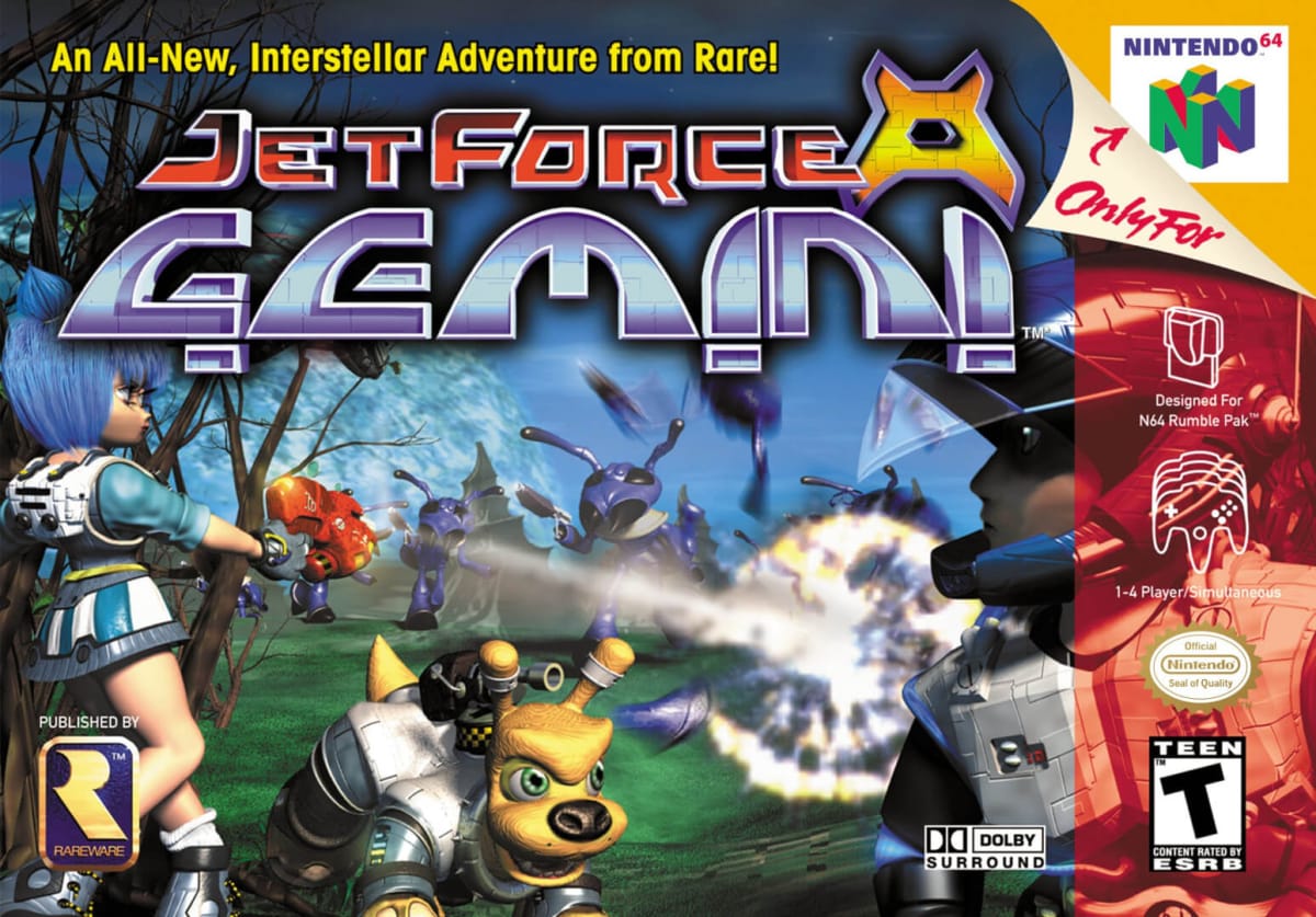 The rather busy-looking and colorful cover art for Jet Force Gemini