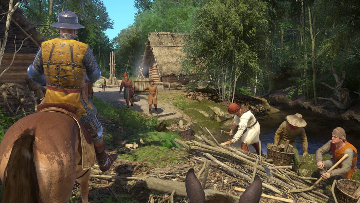 A character riding a horse through a town full of peasants in Kingdom Come: Deliverance, representing the leaked sequel