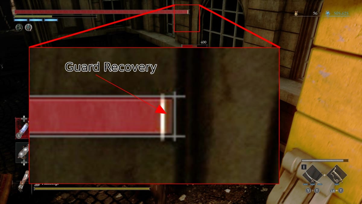 Lies of P screenshot showing a red bar with an orange tinge at the end with annotations indicating it to be gaurd recovery points