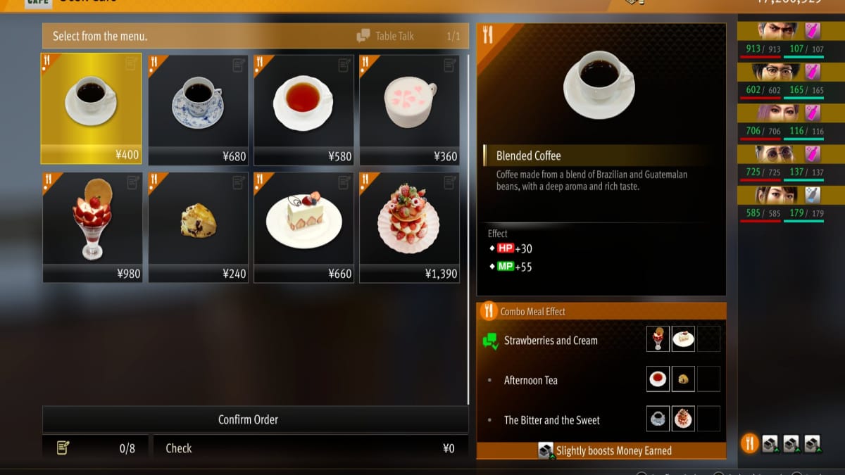 like a dragon infinite wealth screenshot showing a cafe with various drinks and light desserts