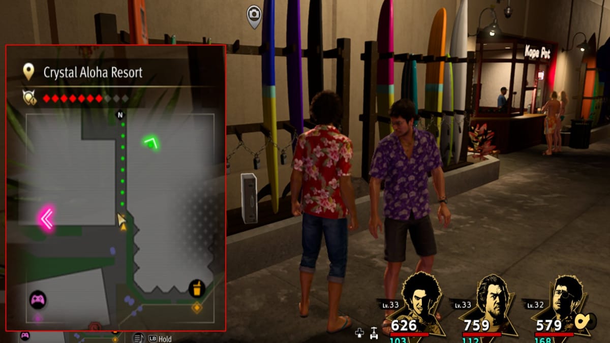 like a dragon infinite wealth screenshot showing a map reference and a bunch of surfboards lying against a rack