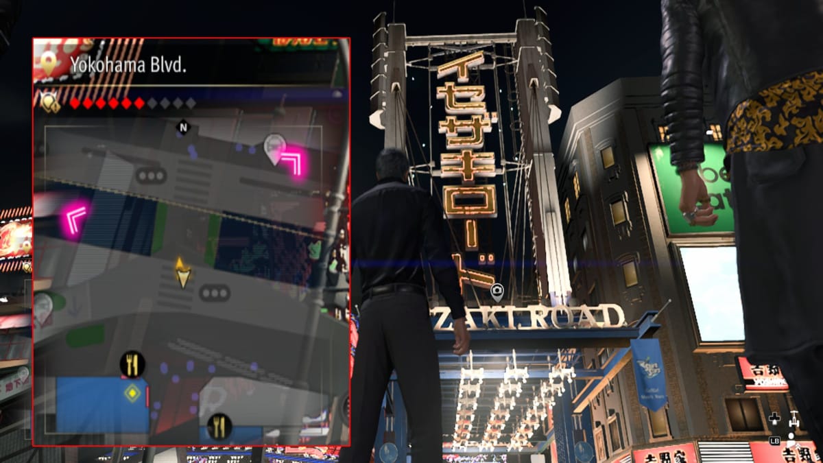 like a dragon infinite wealth screenshot showing a map reference and a huge glowing neon sign over the entrance to a shopping arcade