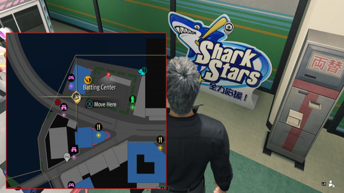 like a dragon infinite wealth screenshot showing a map reference and a sign with a baseball playing shark on it
