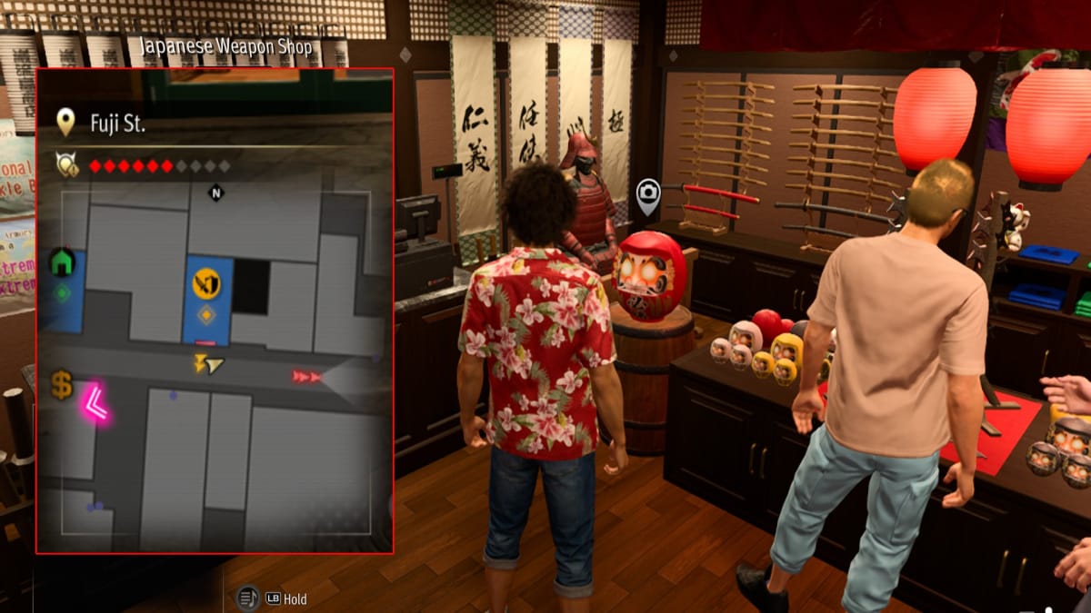 like a dragon infinite wealth screenshot showing a map reference and the inside of a armor shop with a dharma 