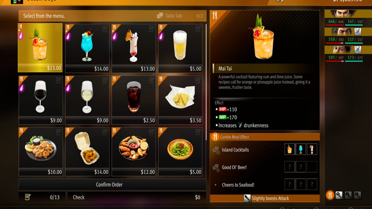 like a dragon infinite wealth screenshot showing the menu of a beach side bar with various fancy alcoholic drinks and bar snacks