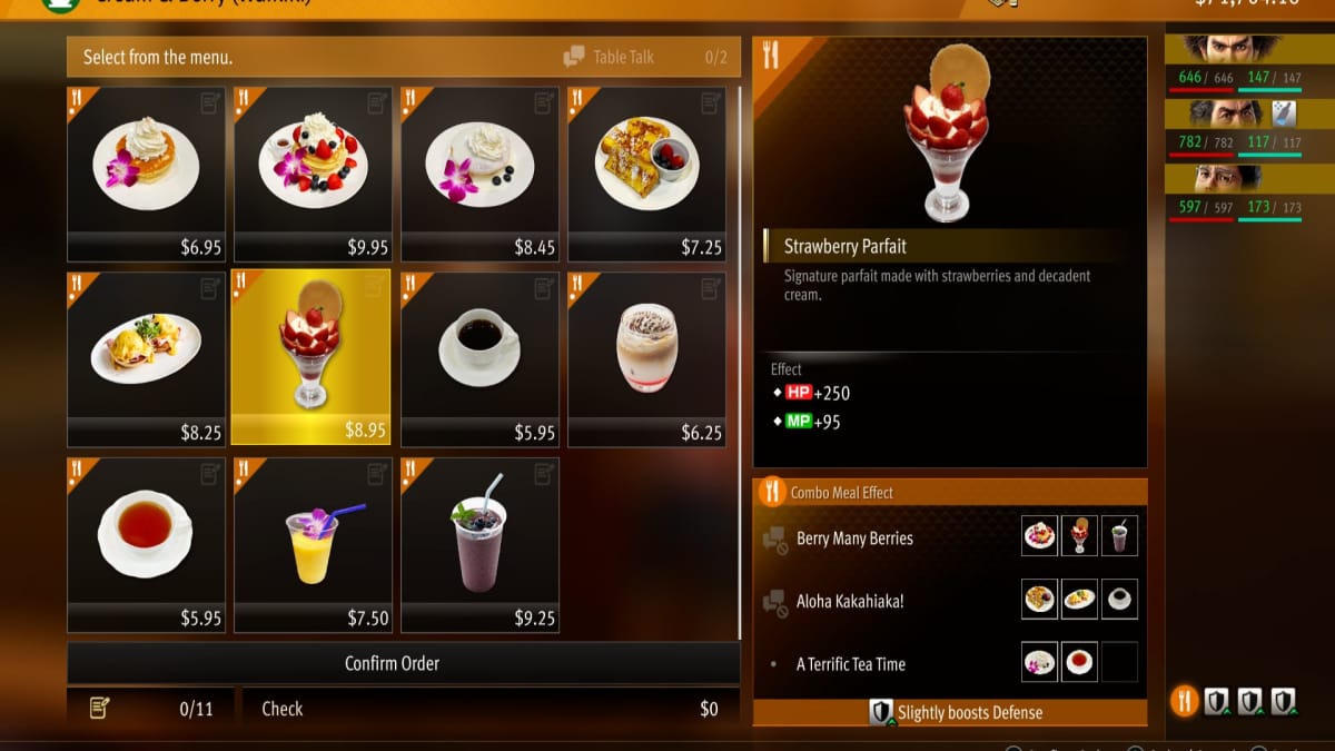 like a dragon infinite wealth screenshot showing the menu of a berry themed resteraunt with many sweet treats and hot drinks